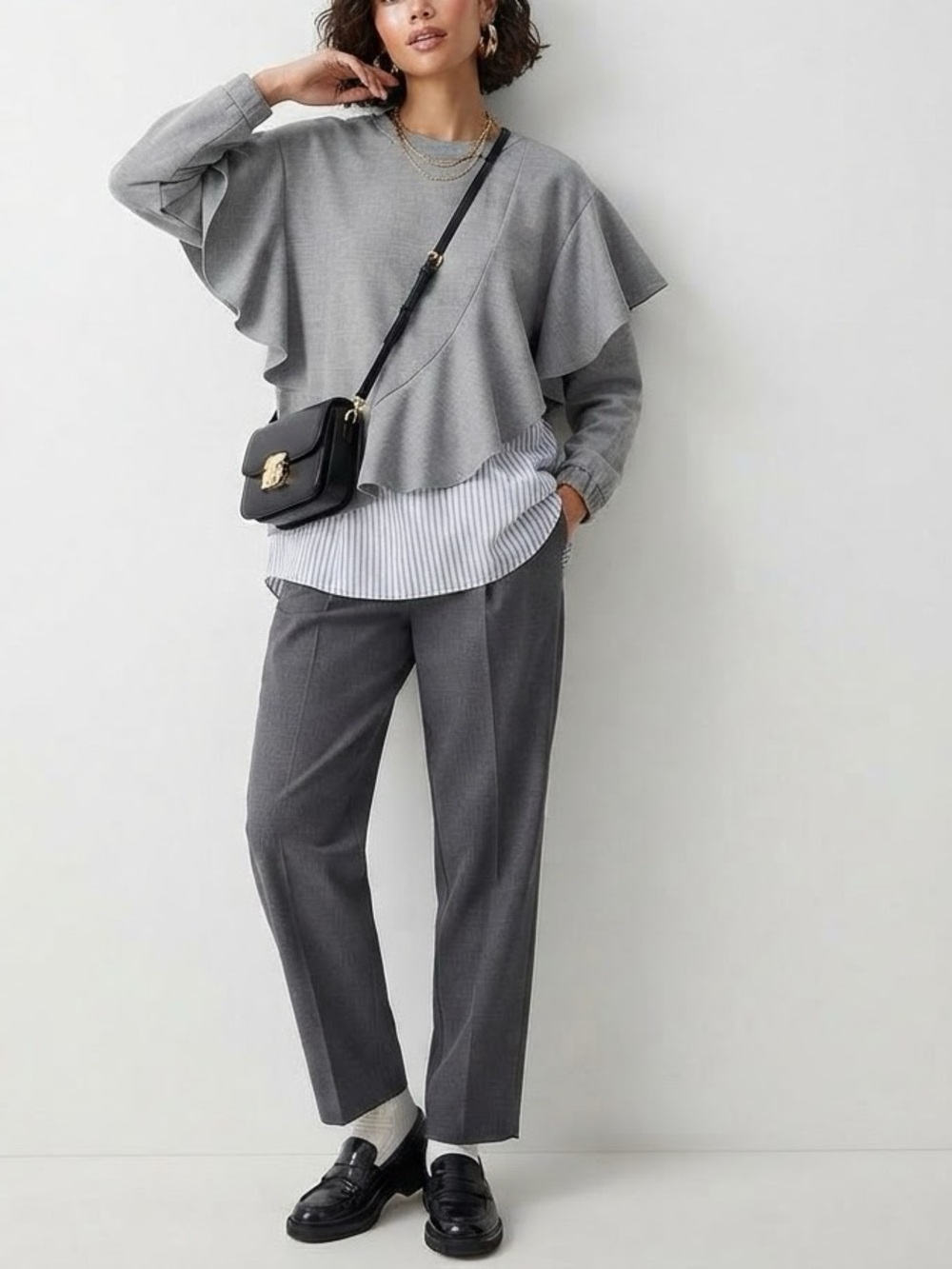✨ Zara Mixed Media Asymmetric Ruffle Pinstripe Shirt Top Gray Blue Size L💛